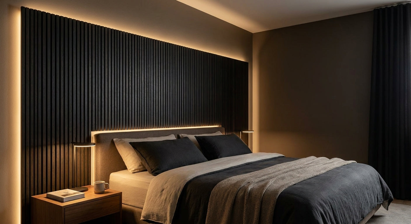 Panneau acoustique bois chêne noir pour chambre d'hôtel