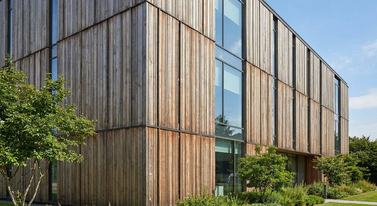 Panneau bois extérieur pour façade ventilée de bâtiment tertiaire
