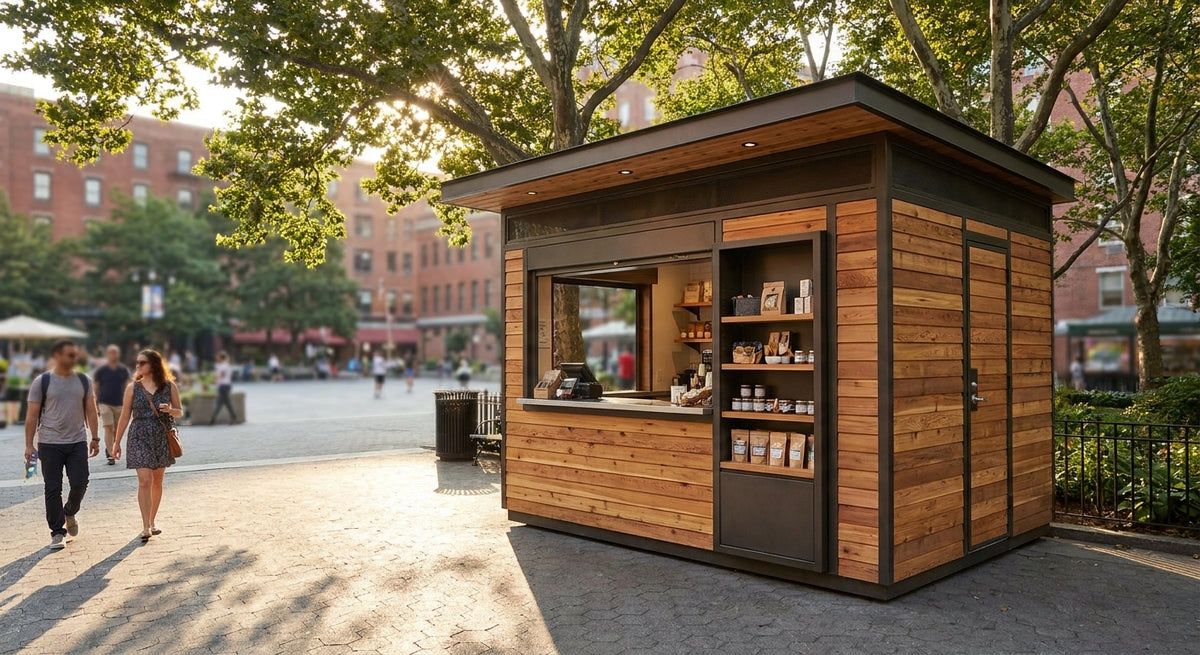 Panneau bois extérieur pour kiosque commercial extérieur