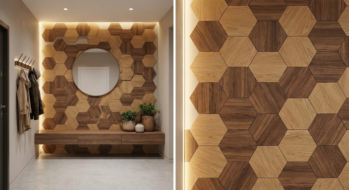 Panneau mural hexagonal bois pour hall d'entrée