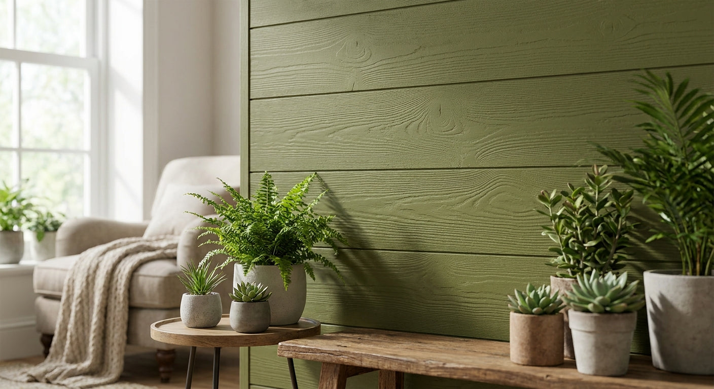 Panneau mural bois vert olive pour décoration végétale