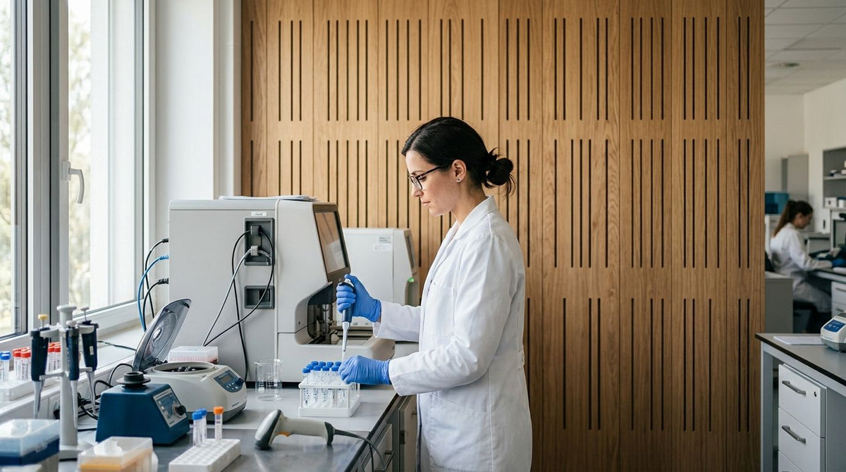 Panneau acoustique bois pour laboratoire d'analyses médicales