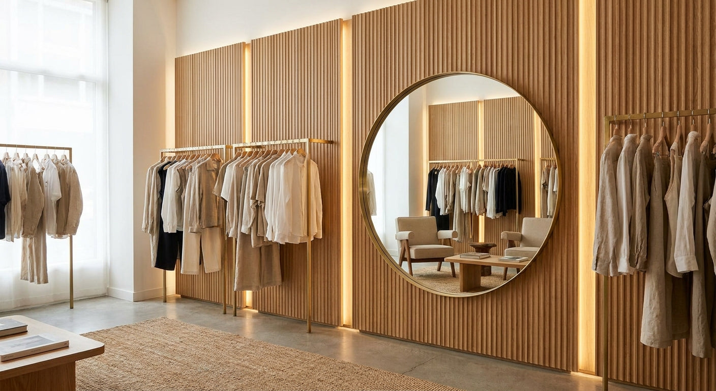 Panneau mural bois pour boutique de prêt-à-porter