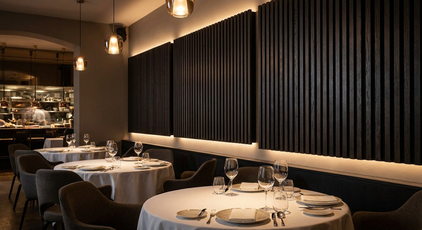 Panneau acoustique chêne noir pour restaurant gastronomique
