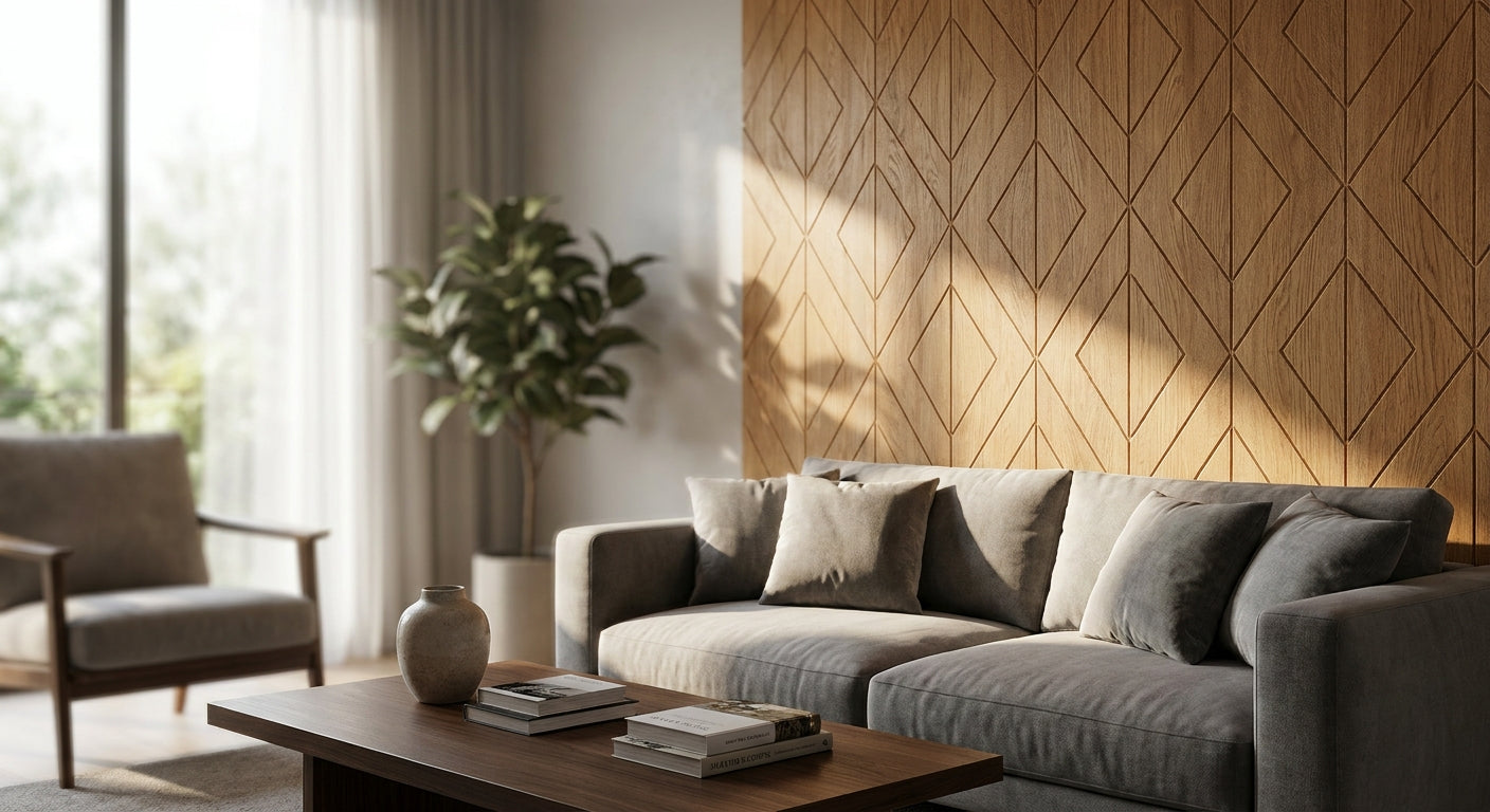 Panneau mural bois losange pour salon contemporain