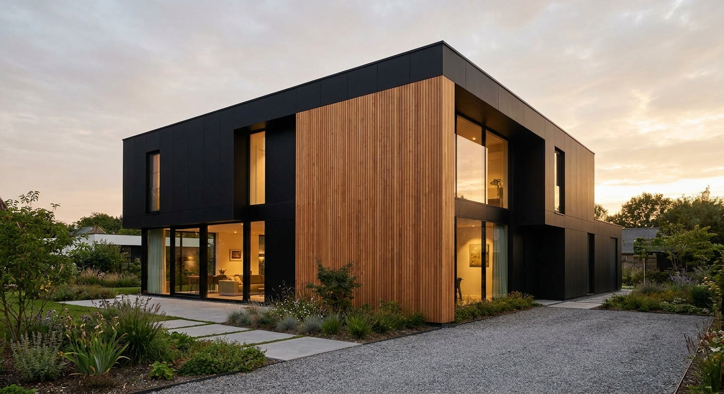 Panneau bois extérieur pour façade de maison contemporaine noire