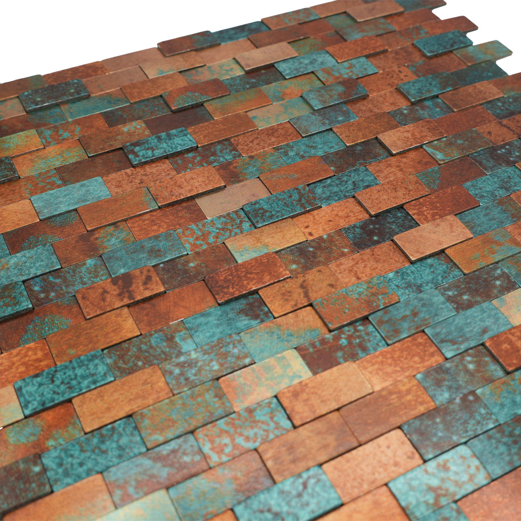 Panneau Mosaïque Autocollant | Plaquette 3D Cuivre patiné | 30×29,8 cm | Métal