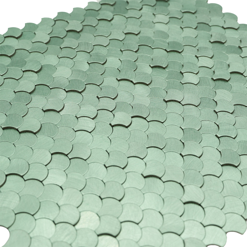 Panneau Mosaïque Autocollant | Écaille de Poisson 3D Vert pastel | 28,8×29,8 cm | Métal
