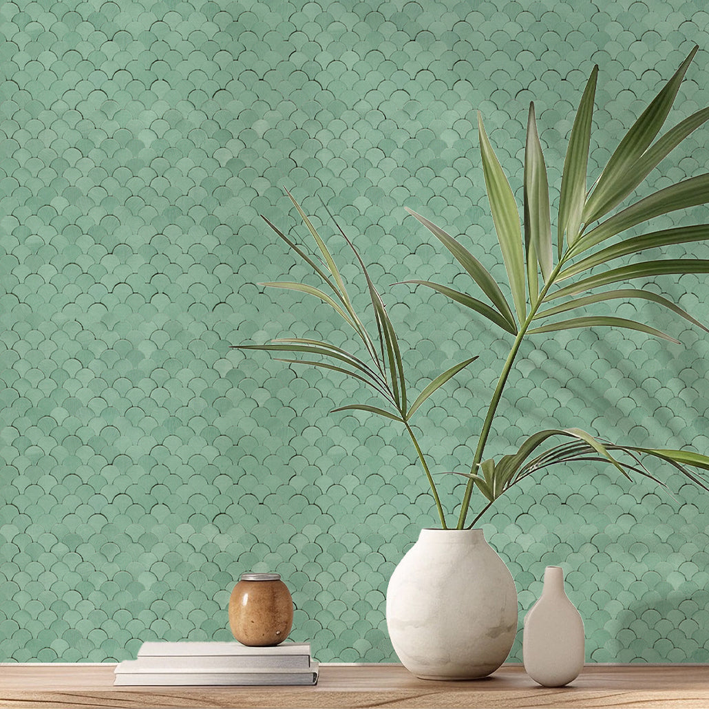 Panneau Mosaïque Autocollant | Écaille de Poisson 3D Vert pastel | 28,8×29,8 cm | Métal
