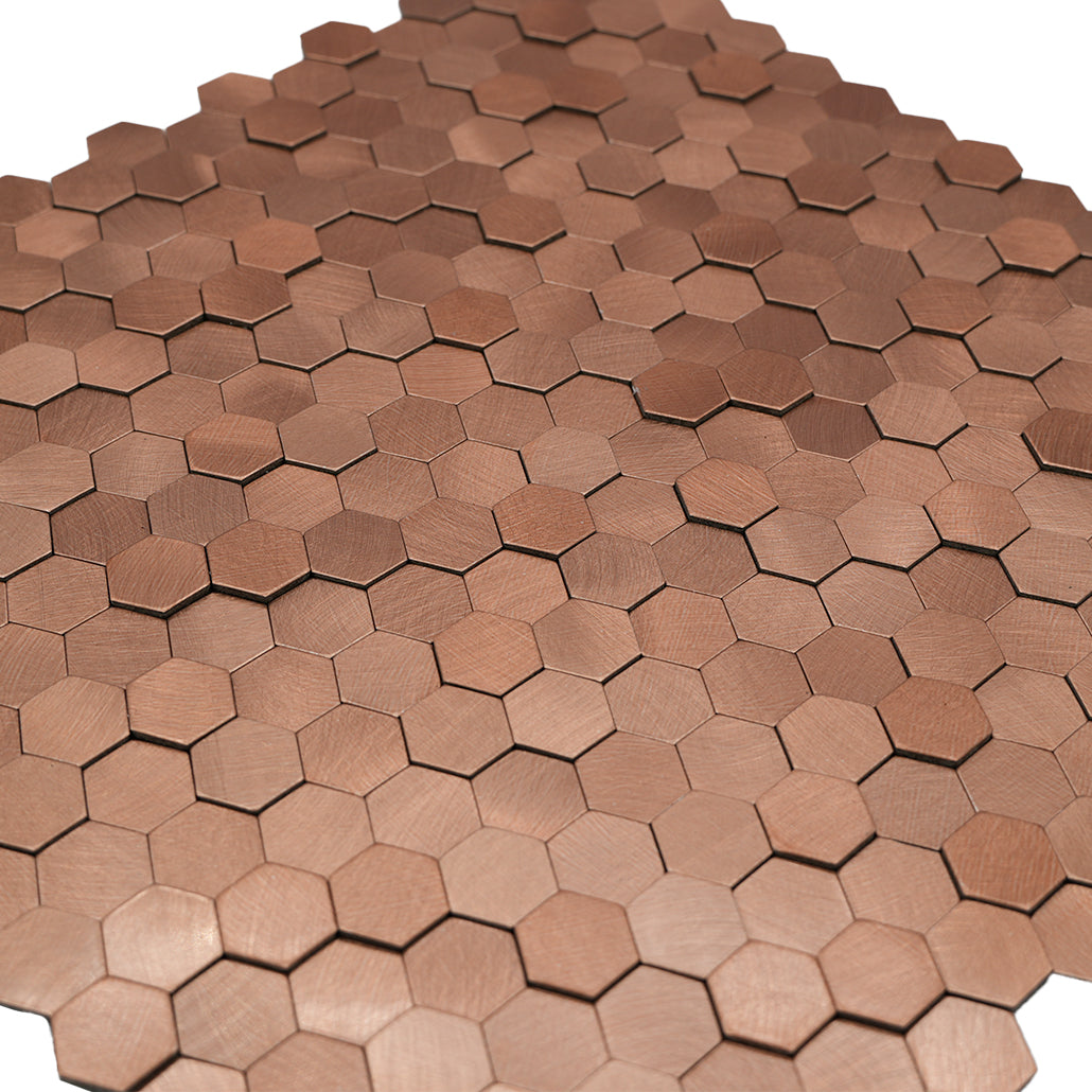 Panneau Mosaïque Autocollant | Mini Hexagone 3D Cuivre | 29,8×30,7 cm | Métal