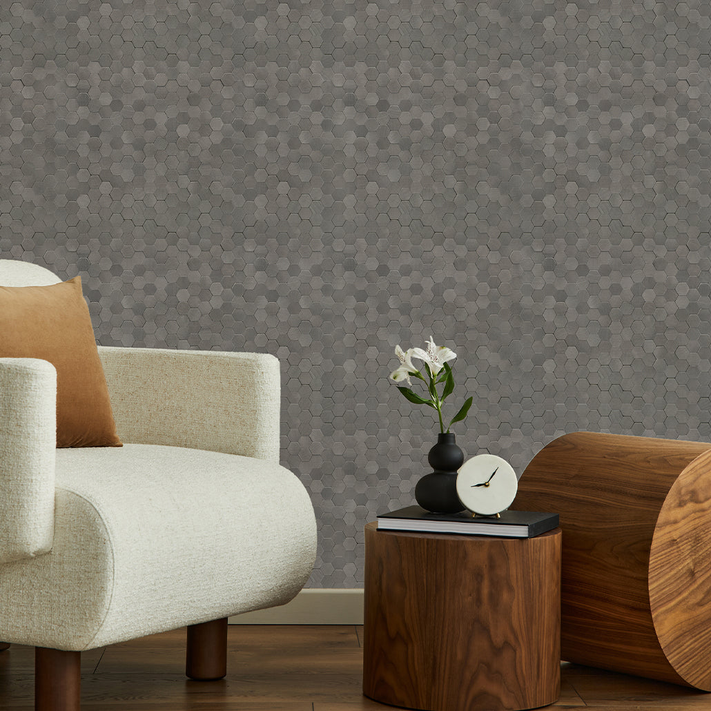 Panneau Mosaïque Autocollant | Mini Hexagone 3D Anthracite | 29,8×30,7 cm | Métal