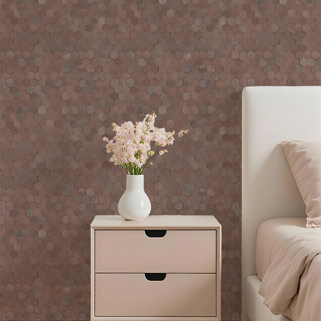 Panneau Mosaïque Autocollant | Mini Hexagone 3D Cuivre foncé | 29,8×30,7 cm | Métal