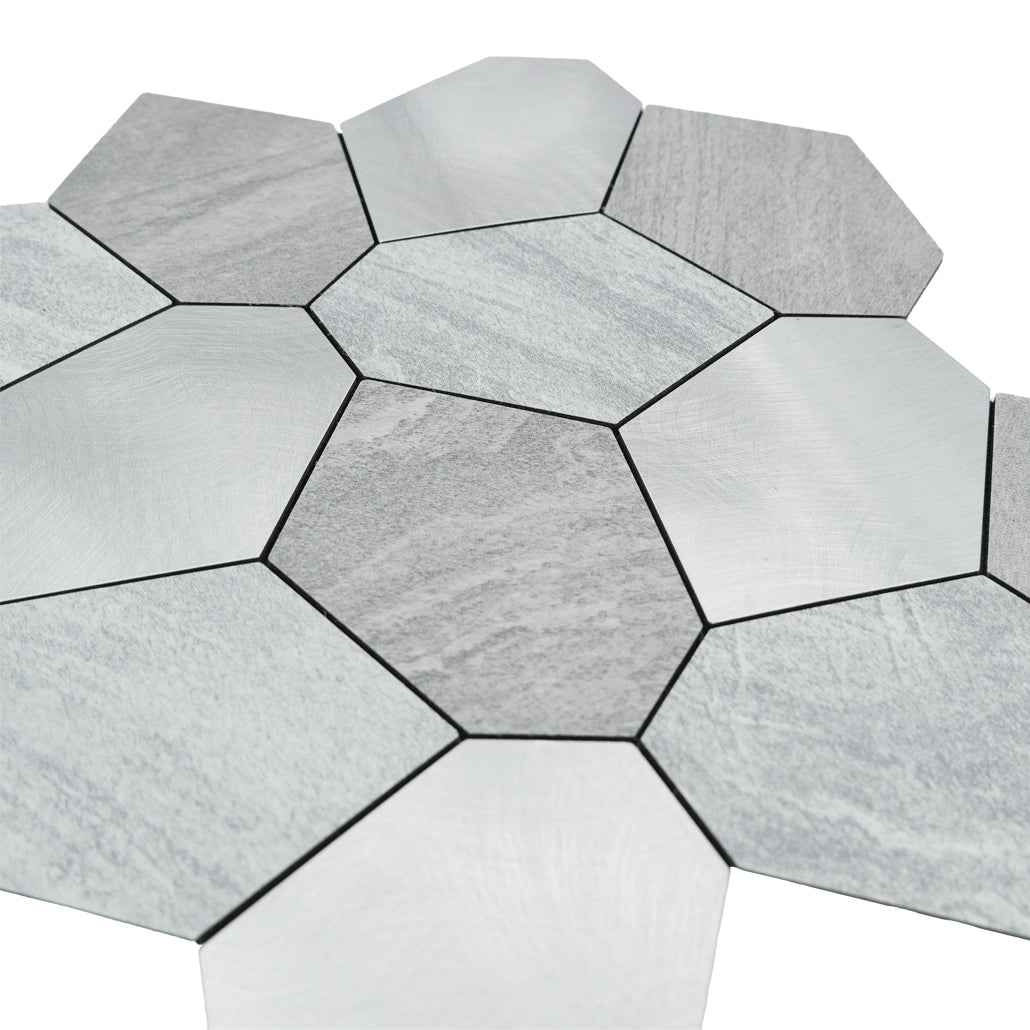 Panneau Mosaïque Autocollant | Polygone Argent | 30×26,2 cm | Métal