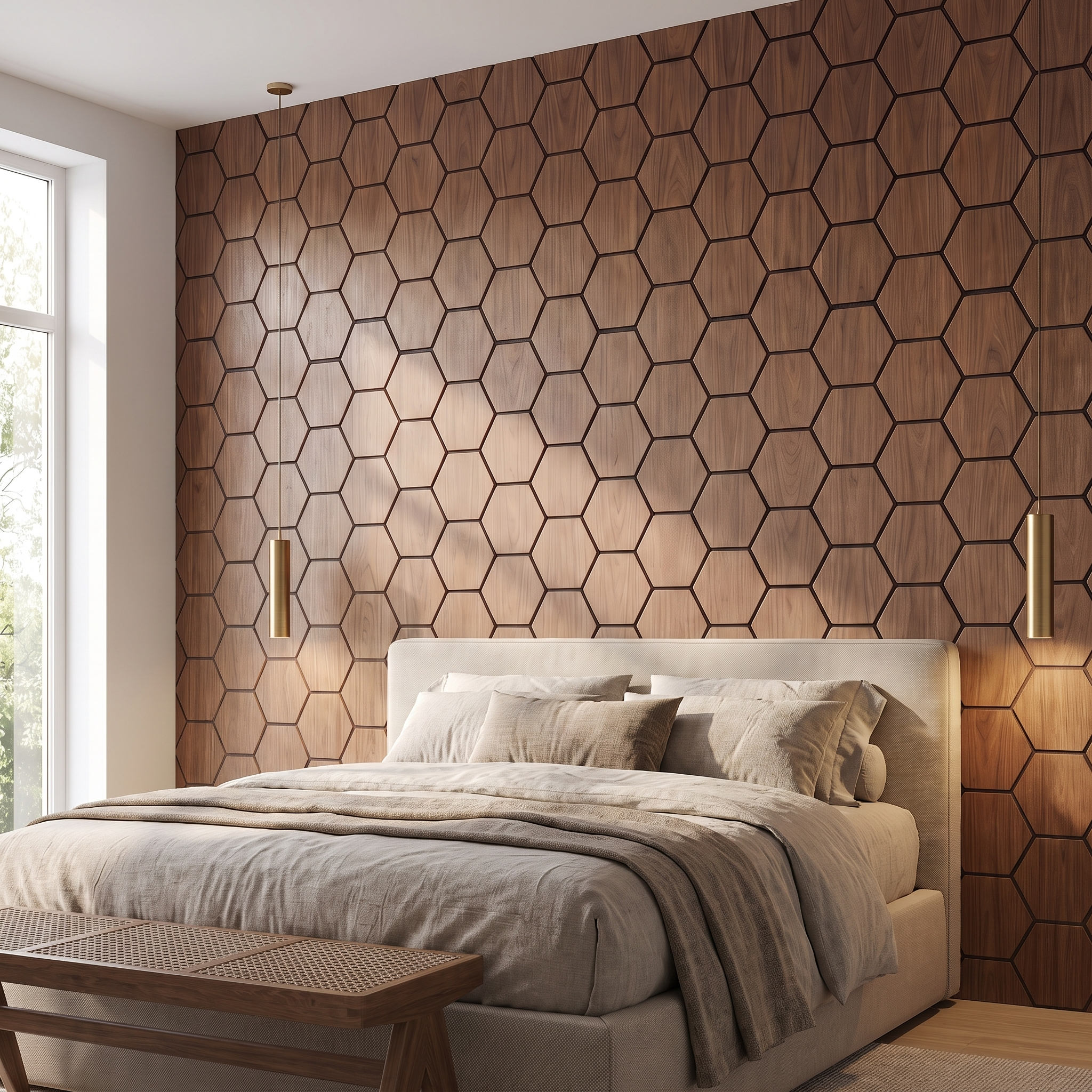 Panneau hexagonal noyer chambre