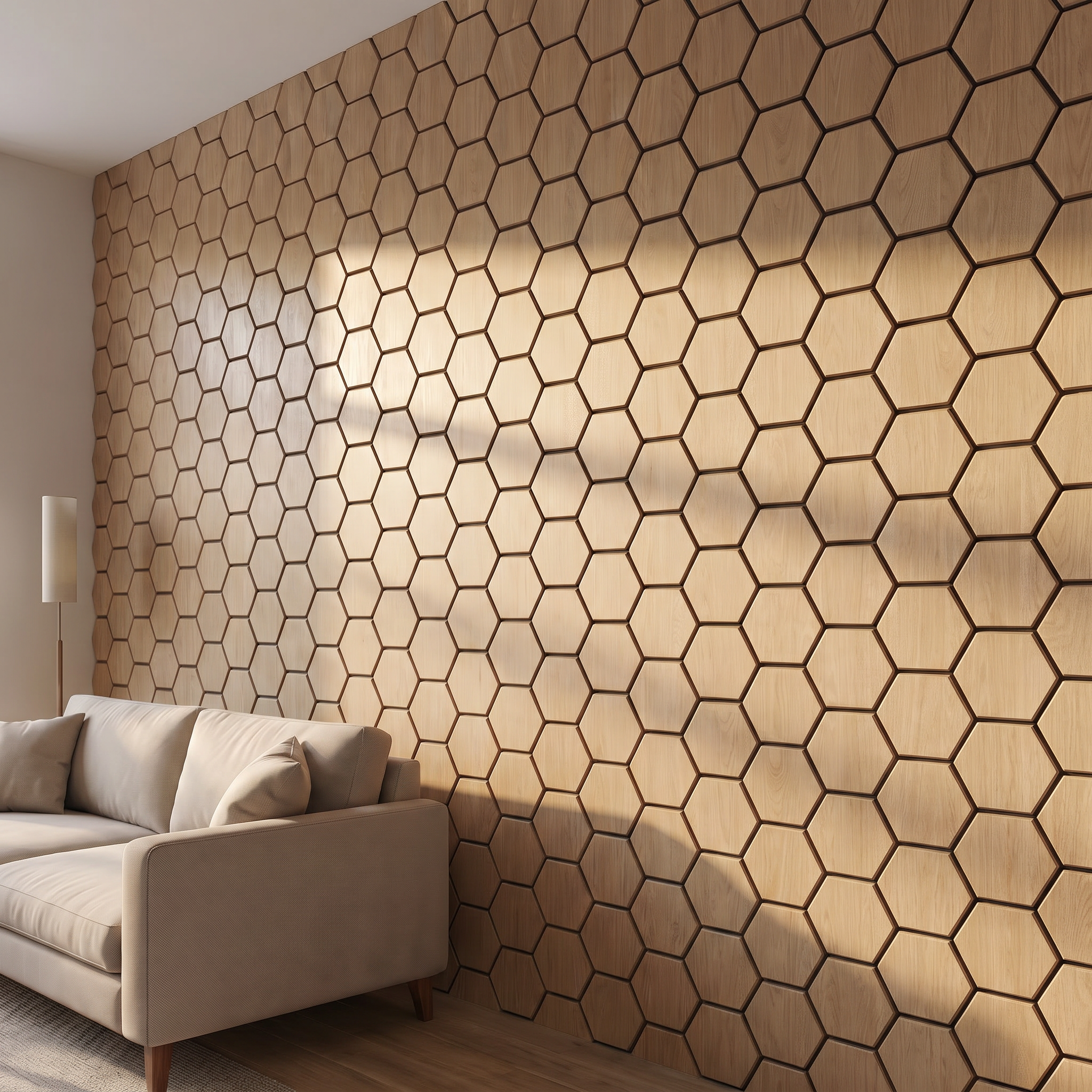 Panneau hexagonal chêne naturel vue de côté profondeur 3D
