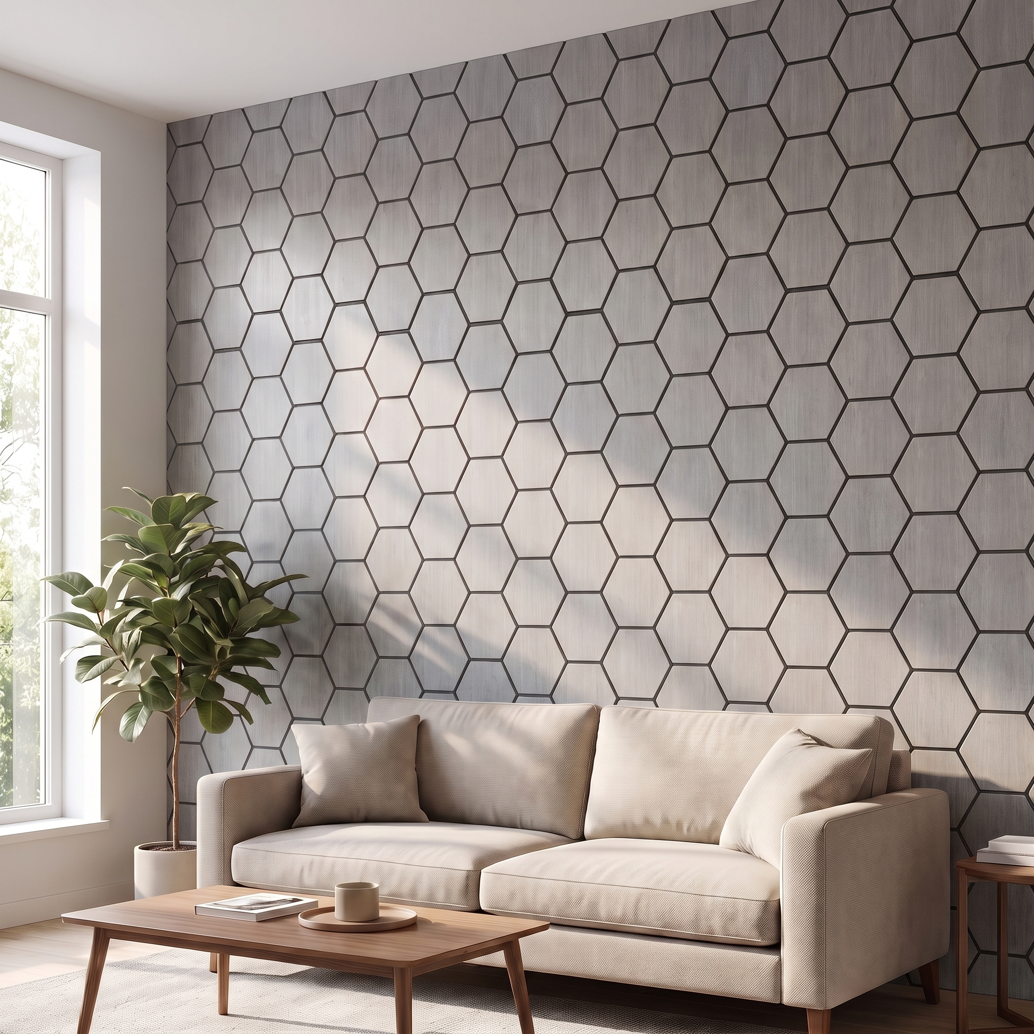 Panneau hexagonal noyer gris salon