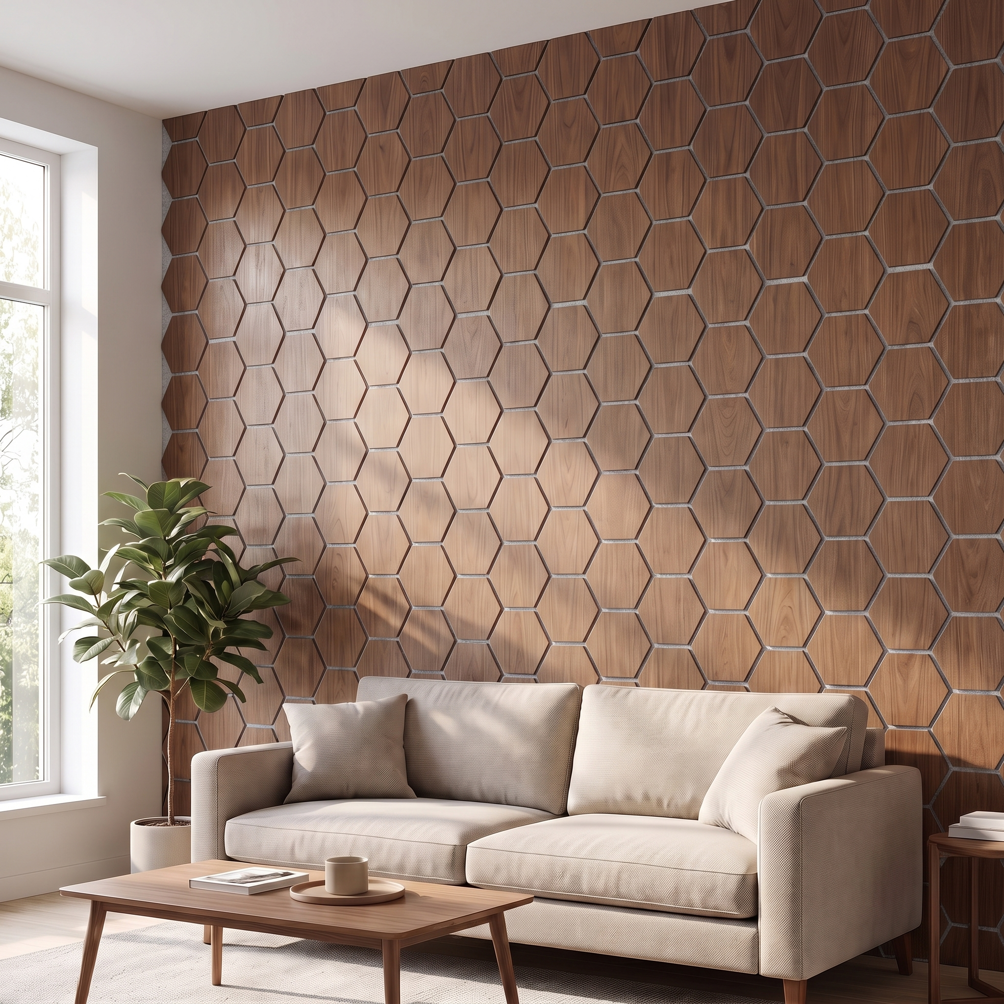 Panneau hexagonal noyer feutre gris salon
