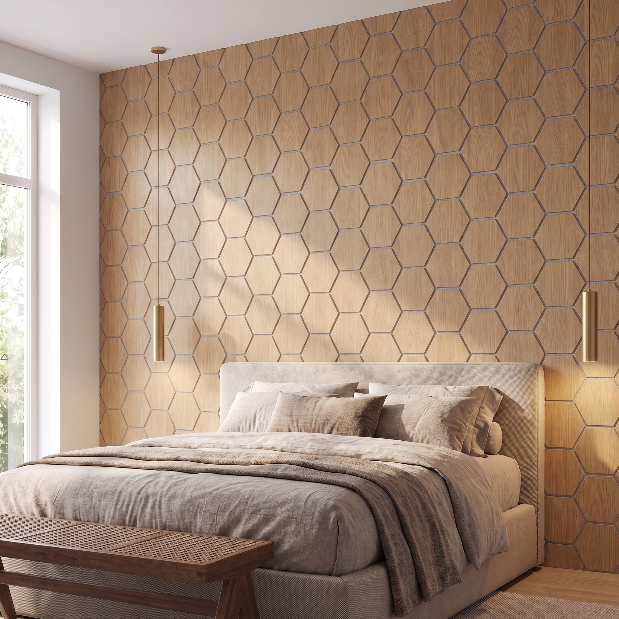 Panneau hexagonal chêne naturel feutre gris chambre