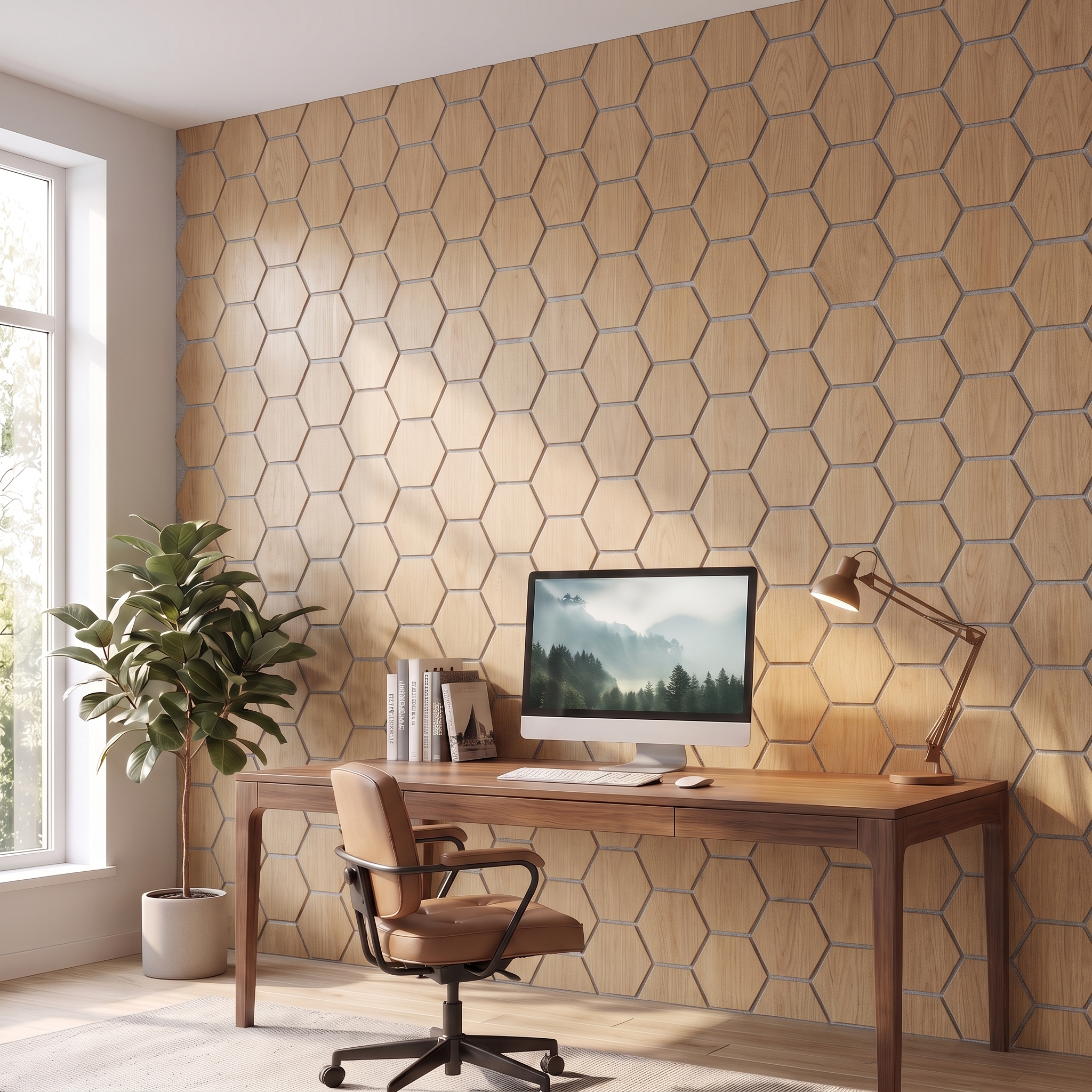 Panneau hexagonal chêne naturel feutre gris bureau à domicile