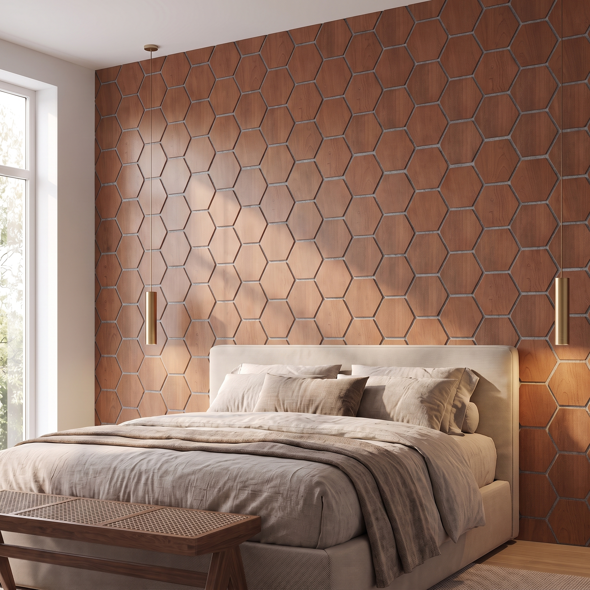 Panneau hexagonal chêne fumé feutrine grise chambre