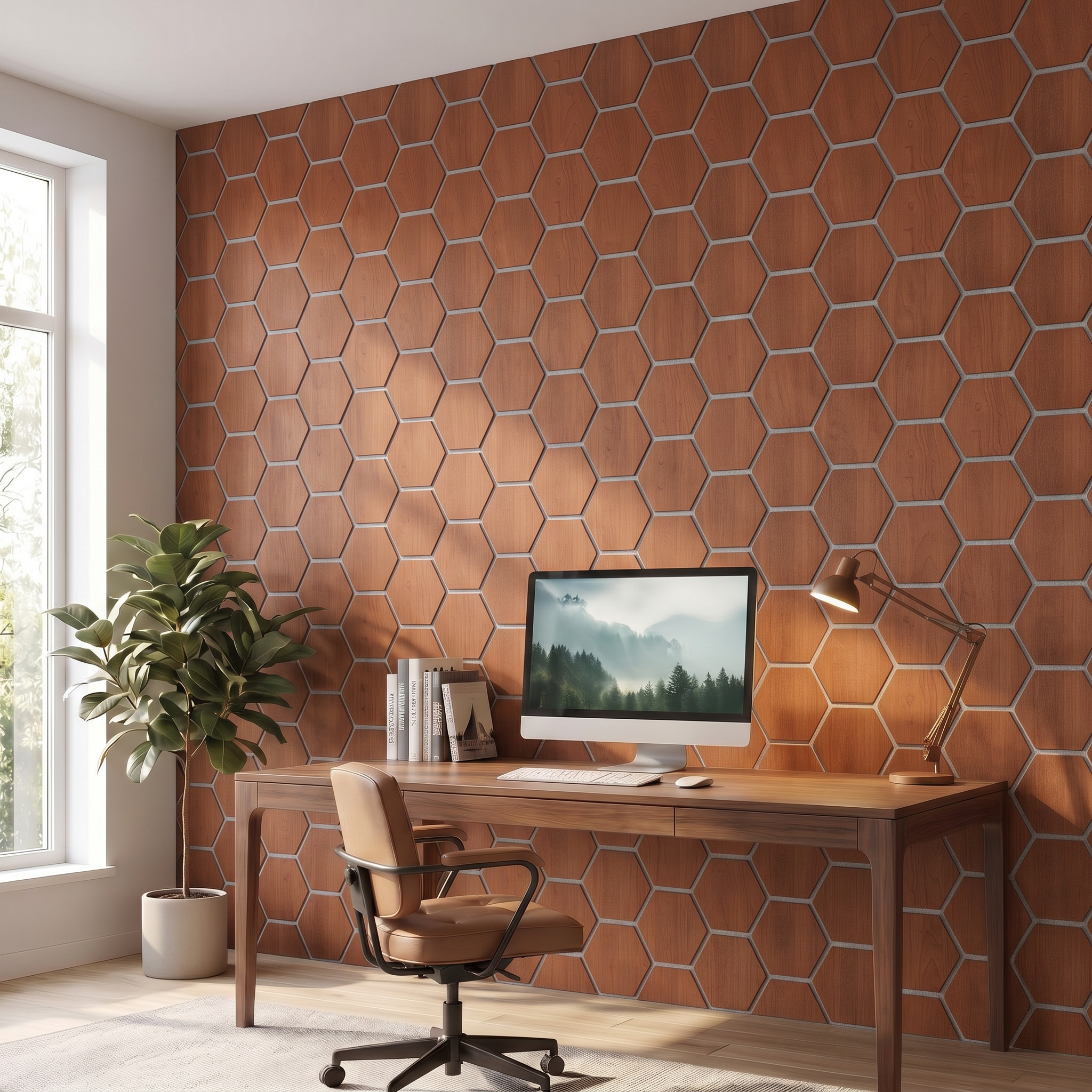 Panneau hexagonal chêne fumé feutrine grise bureau à domicile