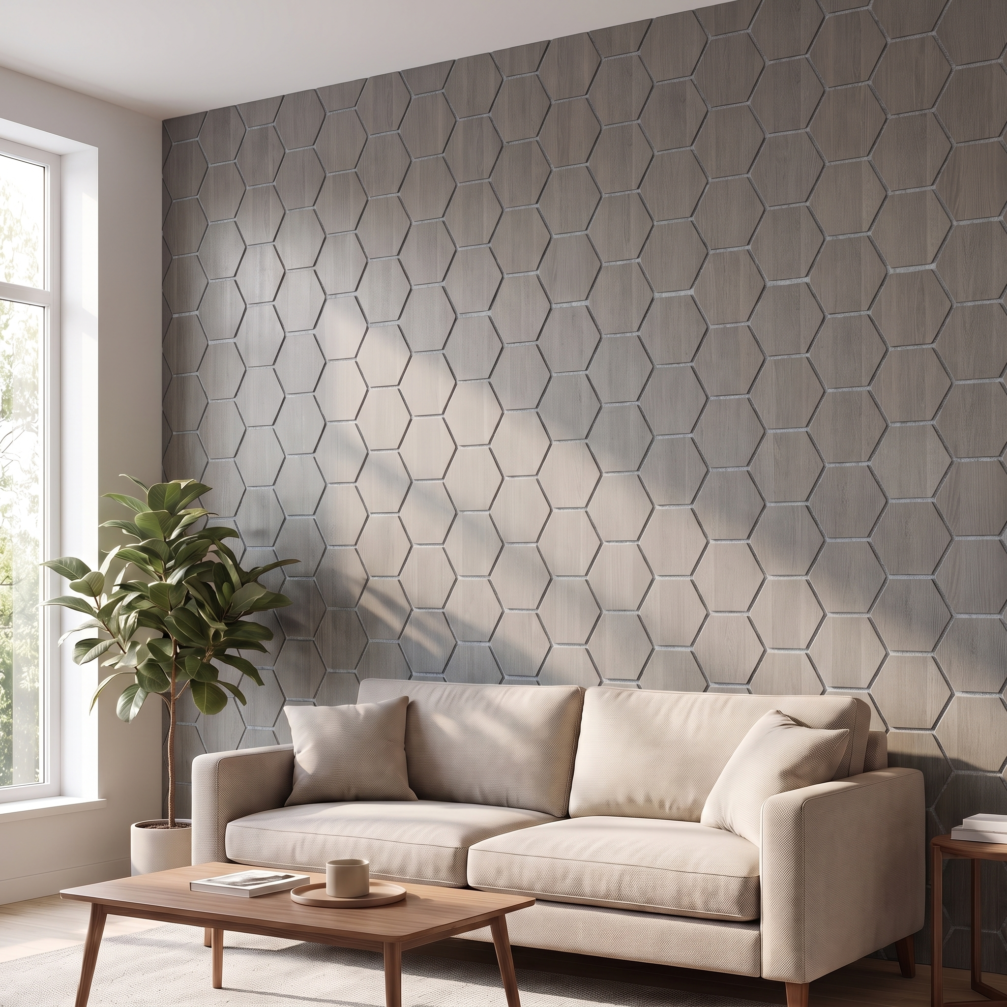 Panneau hexagonal noyer gris feutrine grise salon