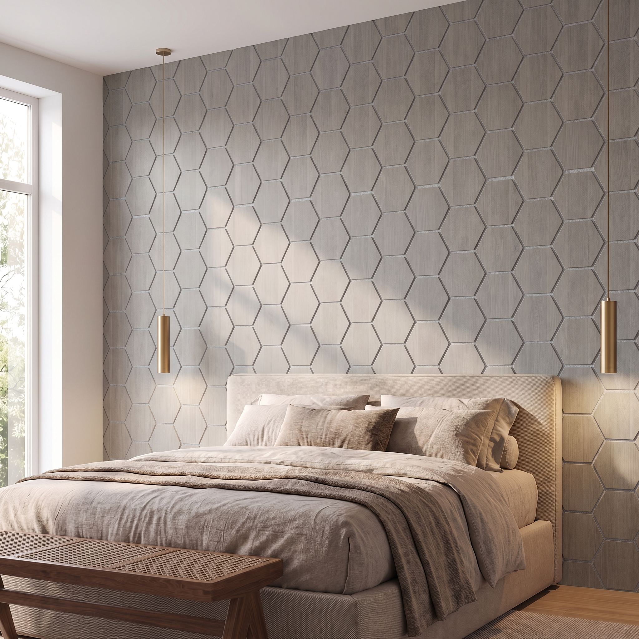 Panneau hexagonal noyer gris feutrine grise chambre