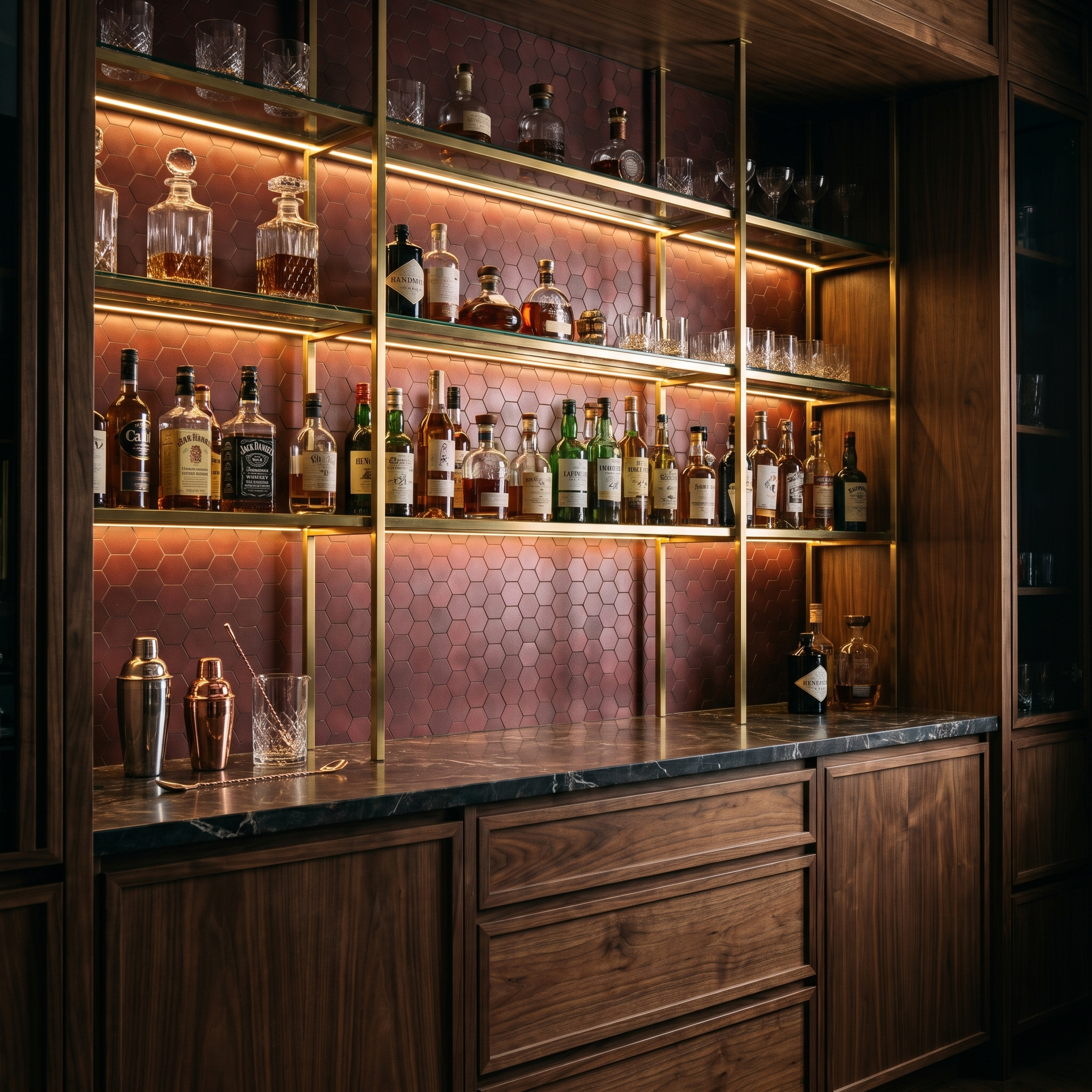 Crédence hexagone bordeaux bar