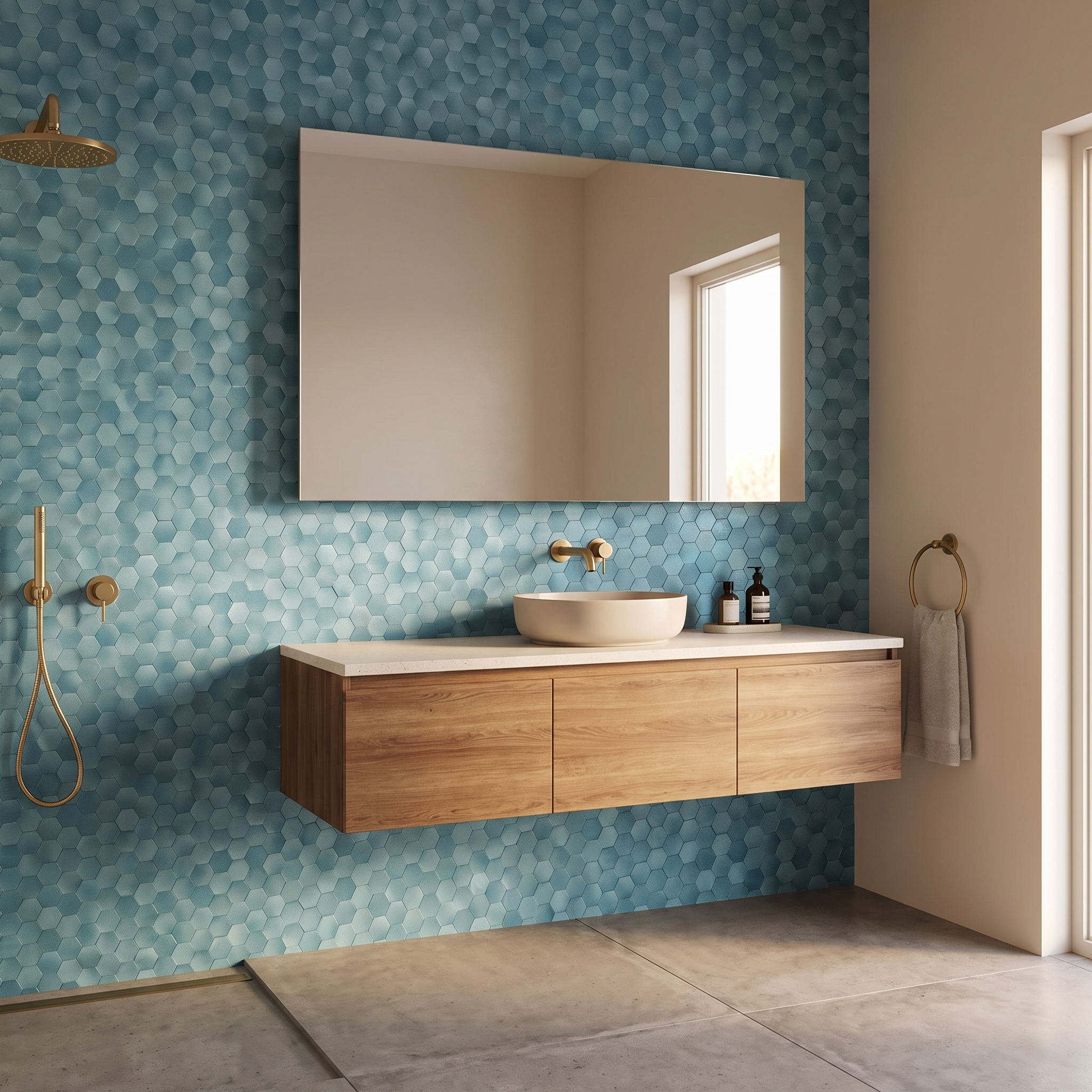 Crédence hexagone bleu salle de bain