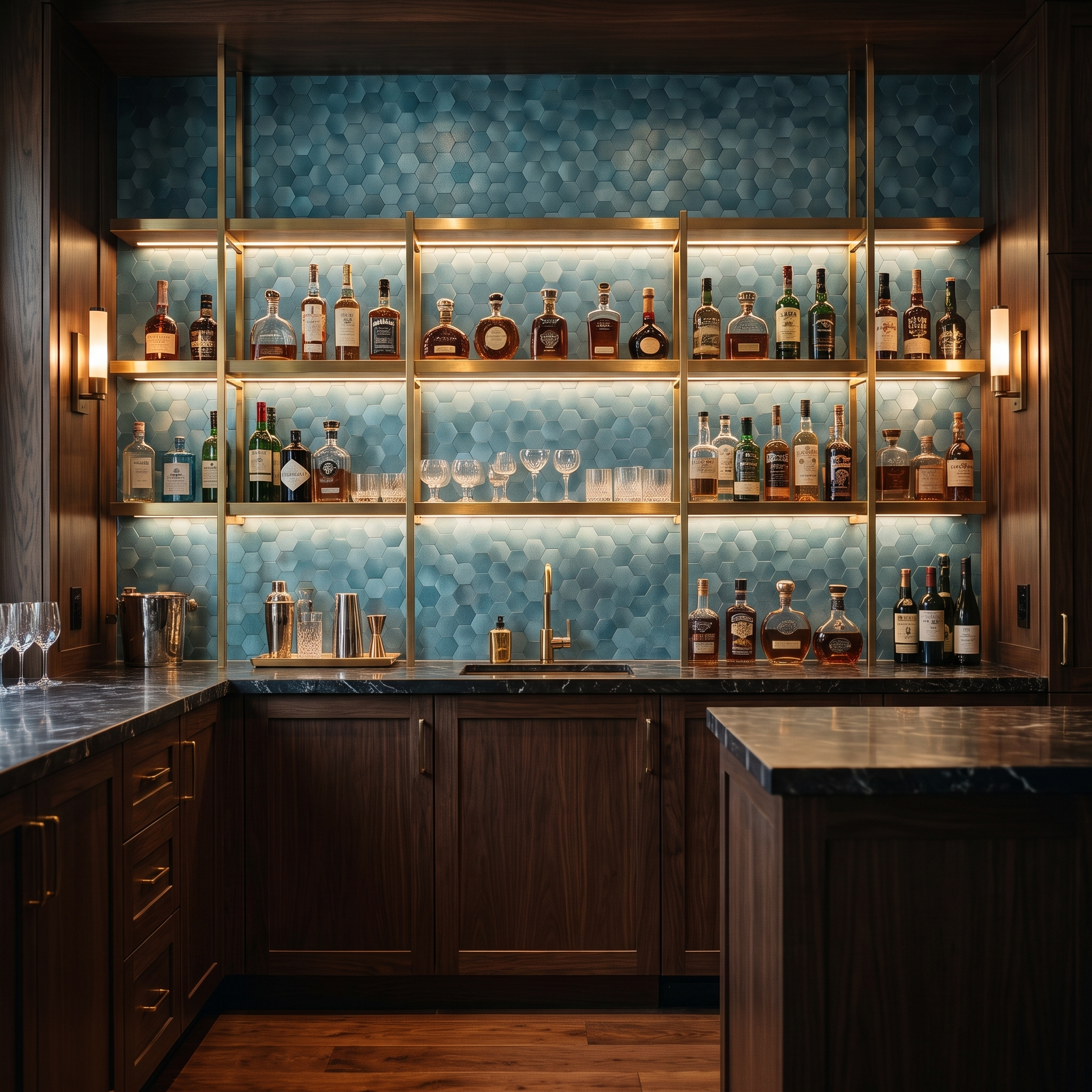 Crédence hexagone bleu bar