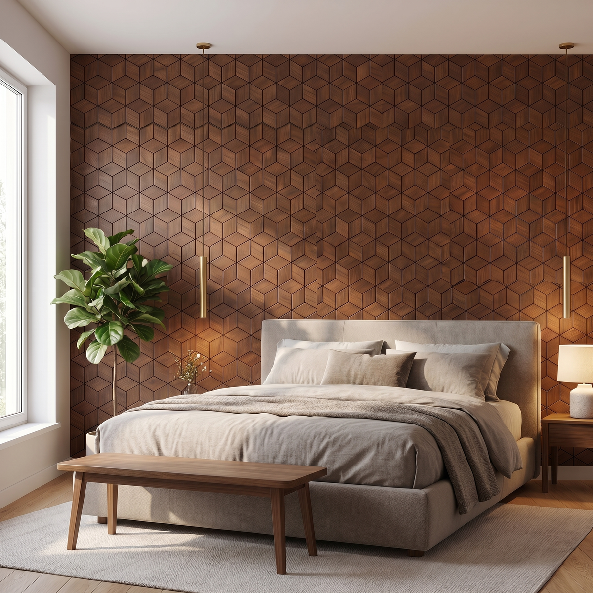 Lobelia Brun Fumé panneau mural déco derrière le lit dans une chambre