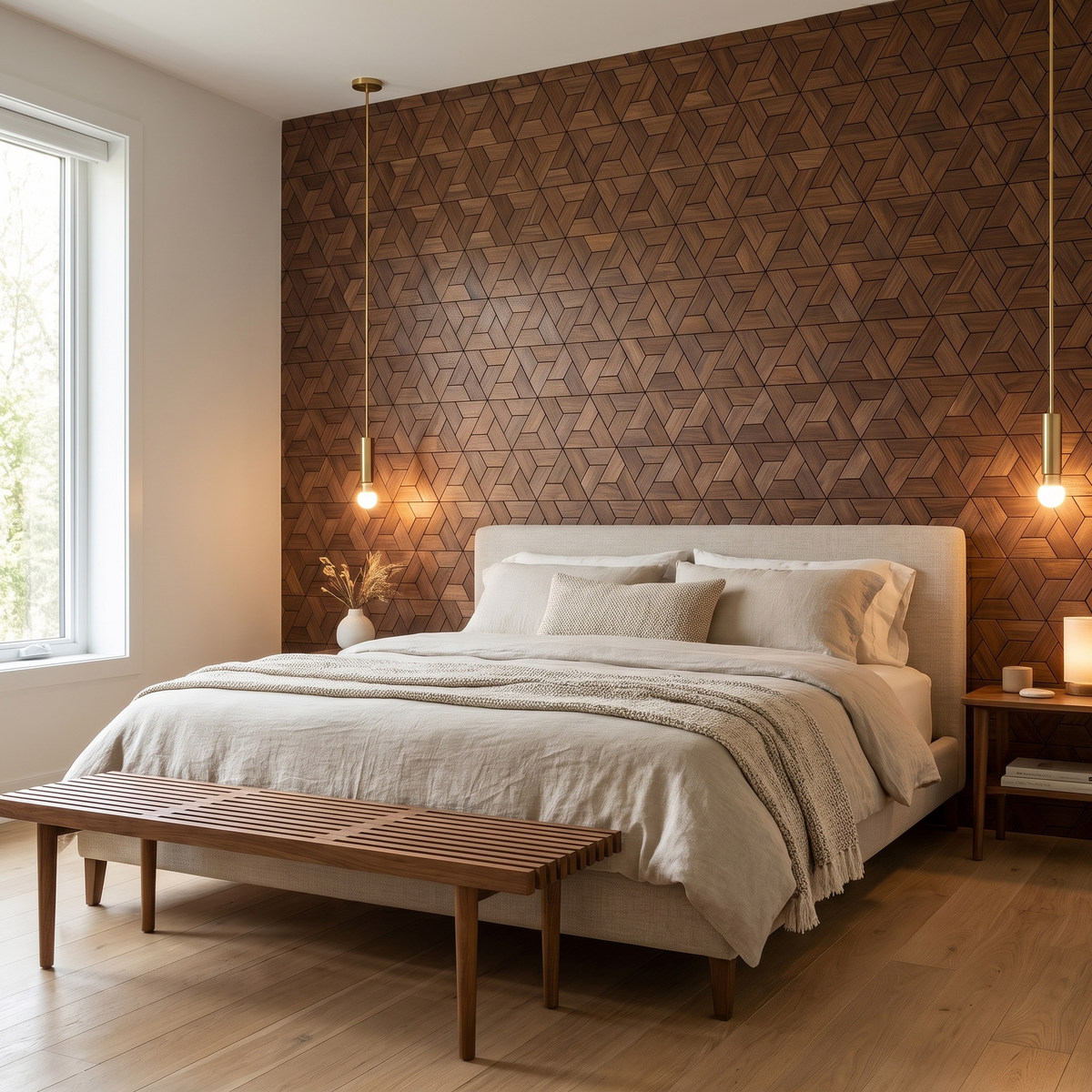 Aster Brun panneau mural déco derrière le lit dans une chambre