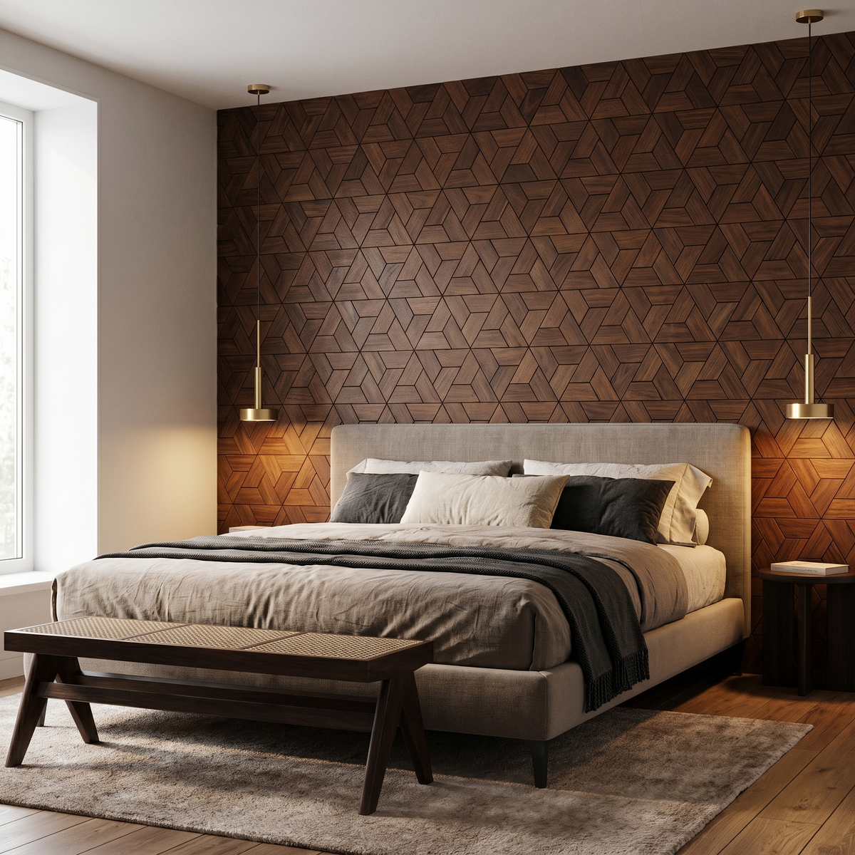 Aster Brun Fumé panneau mural déco derrière le lit dans une chambre