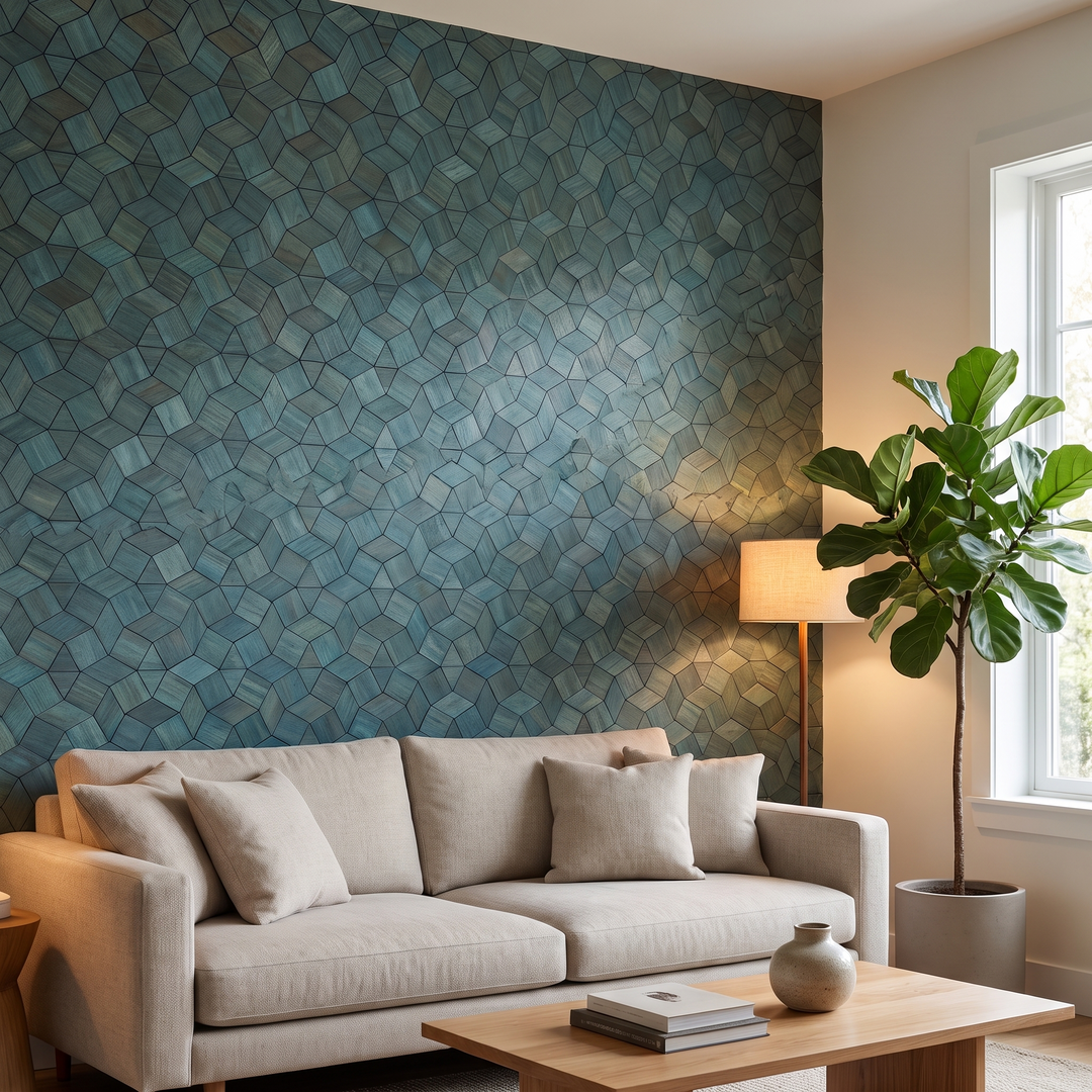 Gardenia Bleu Cadet panneau mural déco dans un salon moderne