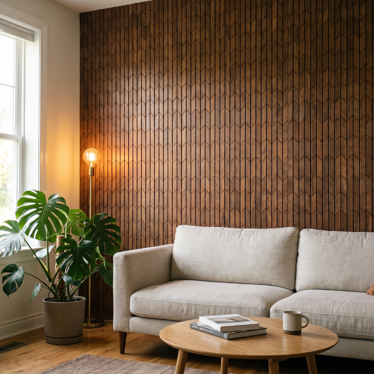 Crimson Brun Fumé panneau mural déco dans un salon moderne
