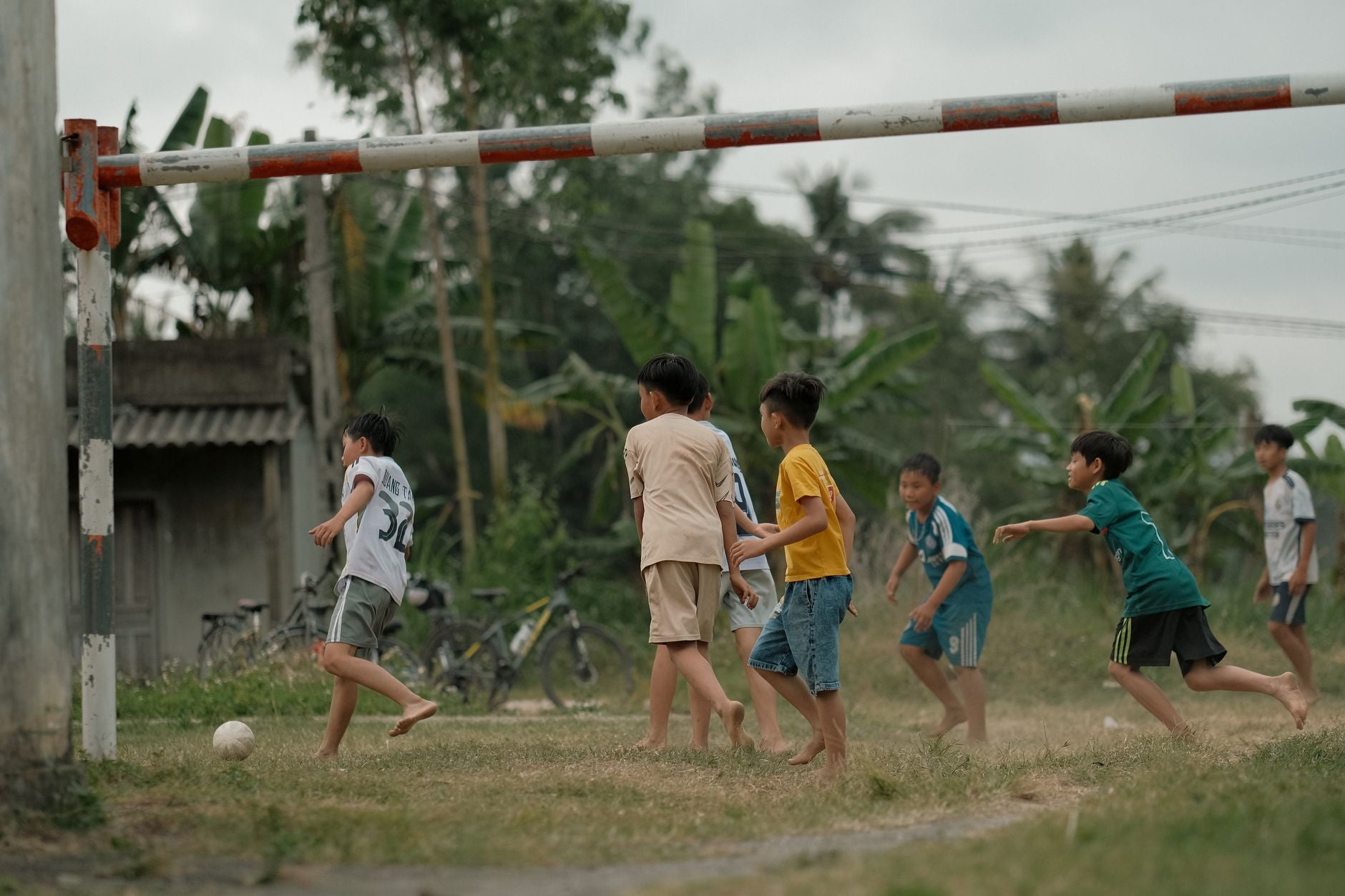 Children playing soccer on a grass field during the day, fostering teamwork and fun.