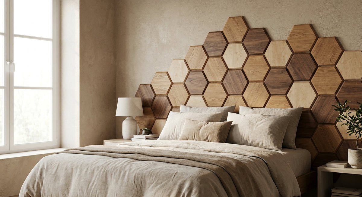 Panneau mural bois hexagonal pour chambre adulte