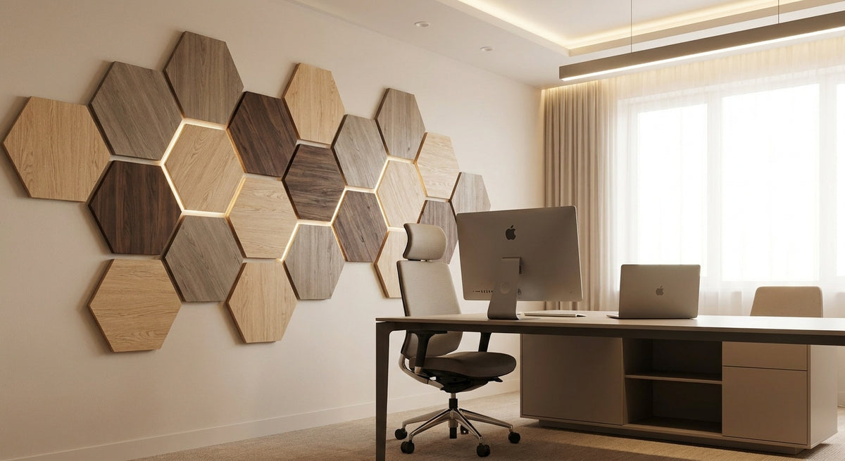 Panneau mural hexagonal bois pour bureau professionnel