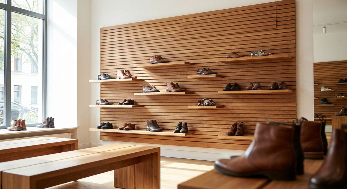 Panneau mural bois pour magasin de chaussures