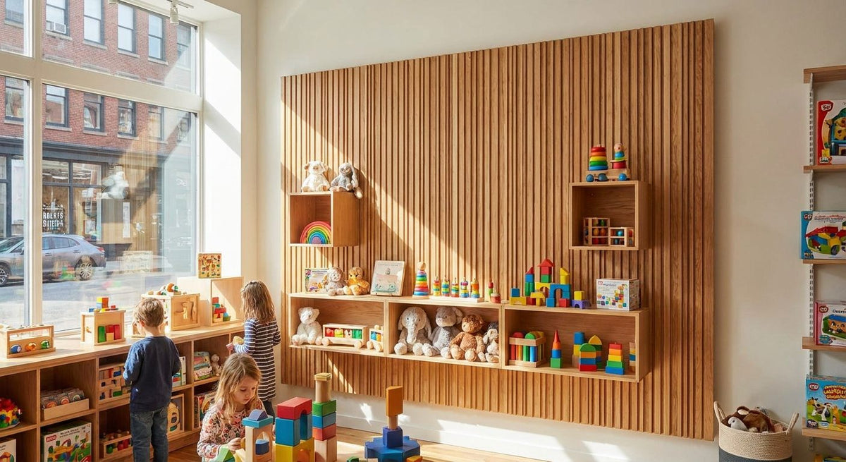 Panneau mural bois pour magasin de jouets