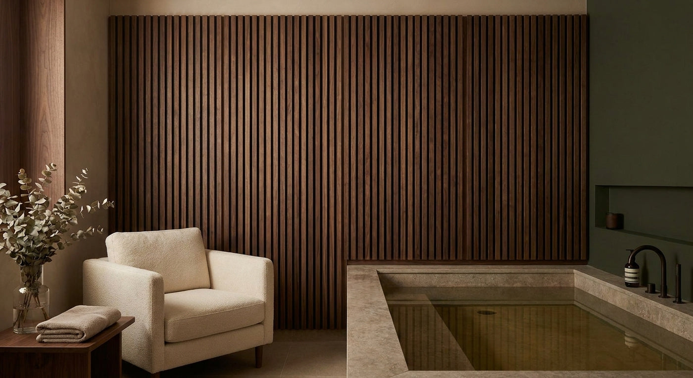 Panneau acoustique noyer pour spa et espace bien-être