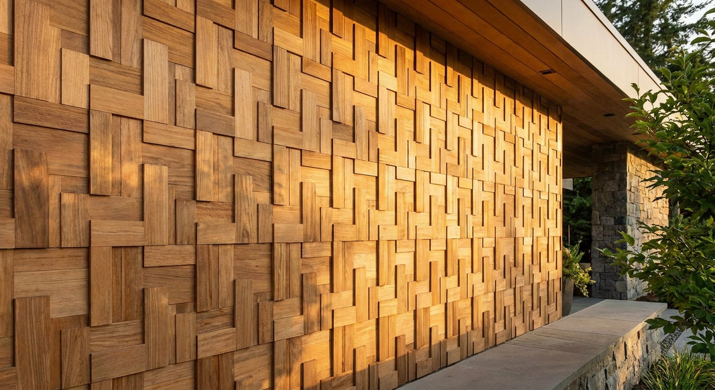 Panneau mosaïque bois pour revêtement mural extérieur