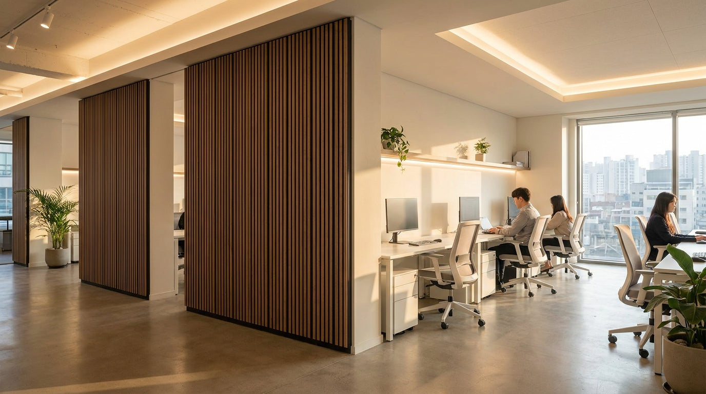 Panneau acoustique chêne noir pour open space professionnel