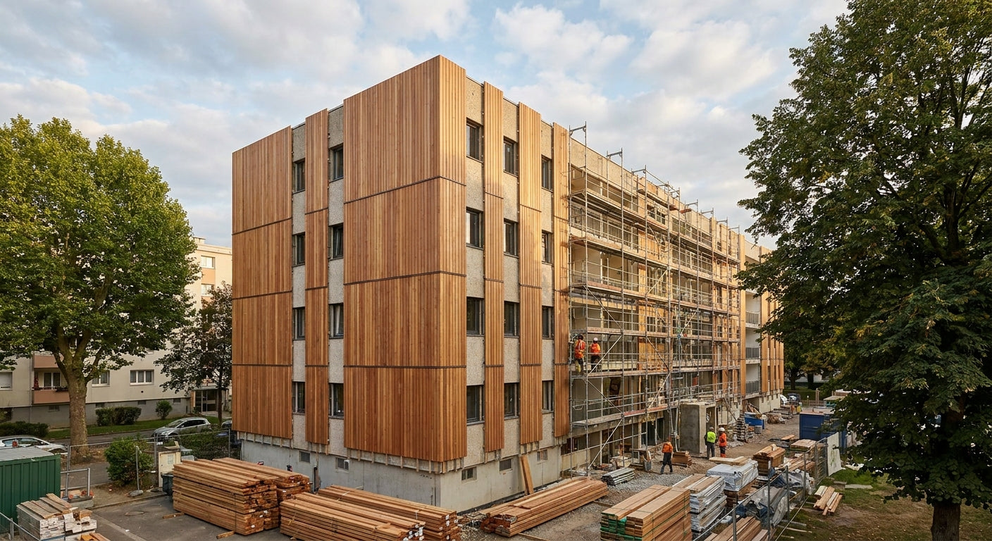 Panneau bois extérieur pour réhabilitation d'immeuble collectif