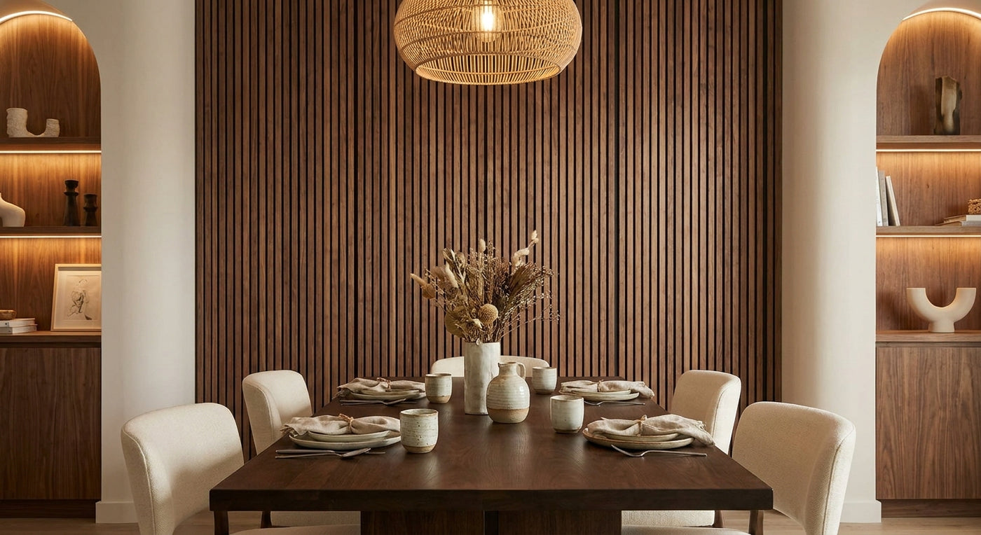 Panneau acoustique noyer pour décoration salle à manger