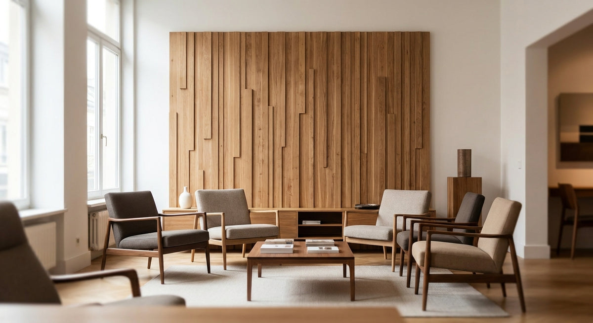 Panneau mural bois pour showroom de mobilier design