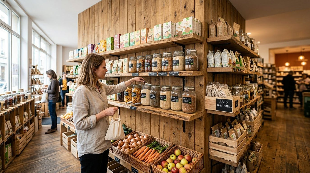 Panneau mural bois pour magasin bio et épicerie vrac