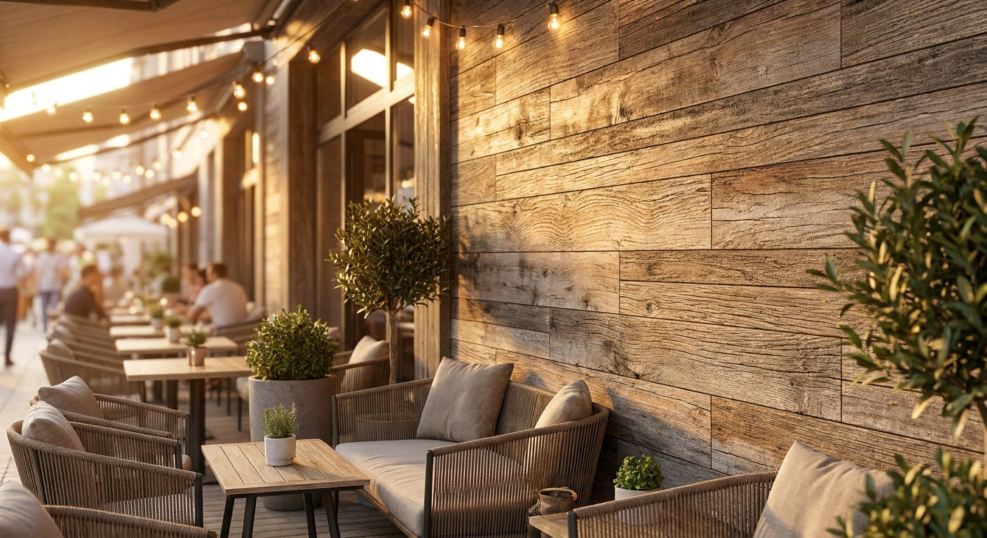 Panneau bois extérieur pour mur de terrasse restaurant