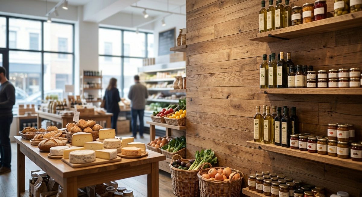Panneau mural bois pour épicerie fine