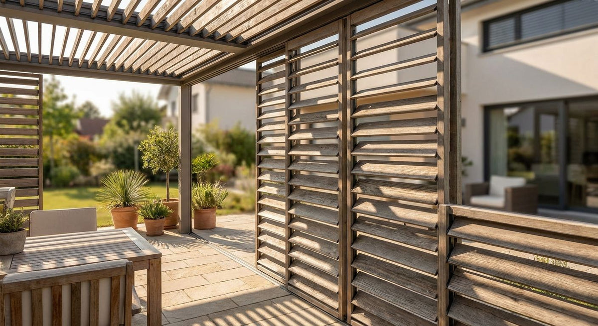 Brise-soleil bois orientable pour terrasse et pergola